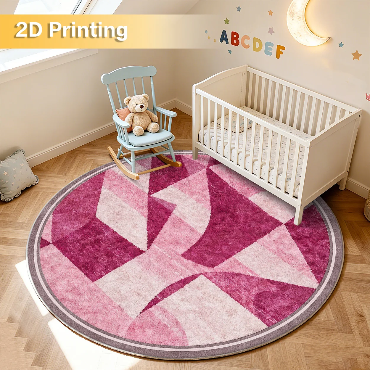 2d Printed Pink Purple Geometric Triangle Splicing Round Area Rug Non Slip Floor Mat For Sweet Modern Room Decor Gift