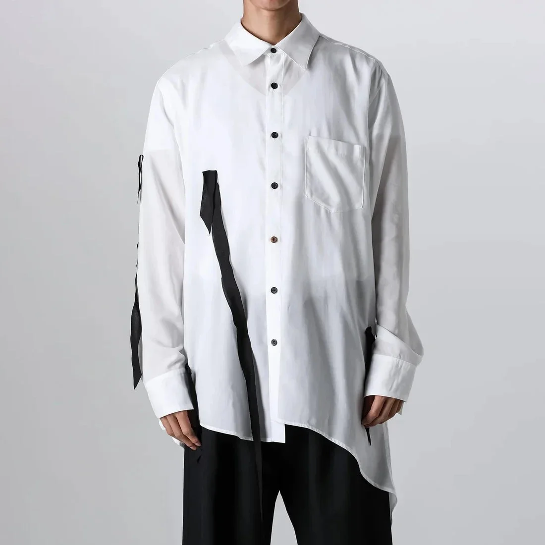 

YOJI OOAK цветная рубашка с контрастной строчкой, свободная тонкая рубашка с асимметричным подолом, однобортный топ для мужчин