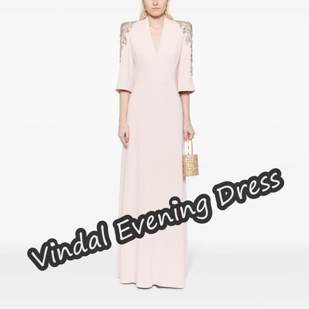 Vindal V-neck Evening Dress Floor Length A-Line Beads Elegant Built-in Bra Crepe Saudi Arabia Sexy Half Sleeves For Woman 2024