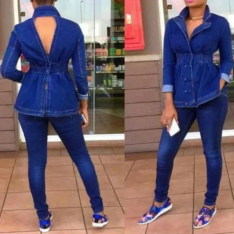 

Casual Denim Jeans 2 Piece Set Suit Women Denim Two Pieces Set V-Neck Long Sleeve Jeans Top&Long Pants Slim Tracksuit Outfits