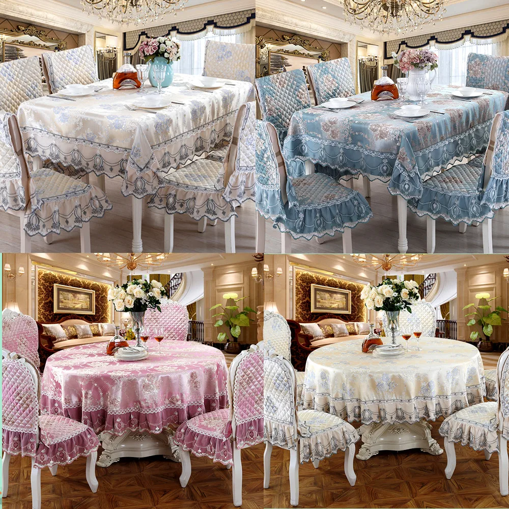 Luxury Embroidered Lace Tablecloth Chair Cover Soft Quality Fabrics Blue\Beige\Purple European Table Cover Round\Rectangle G1