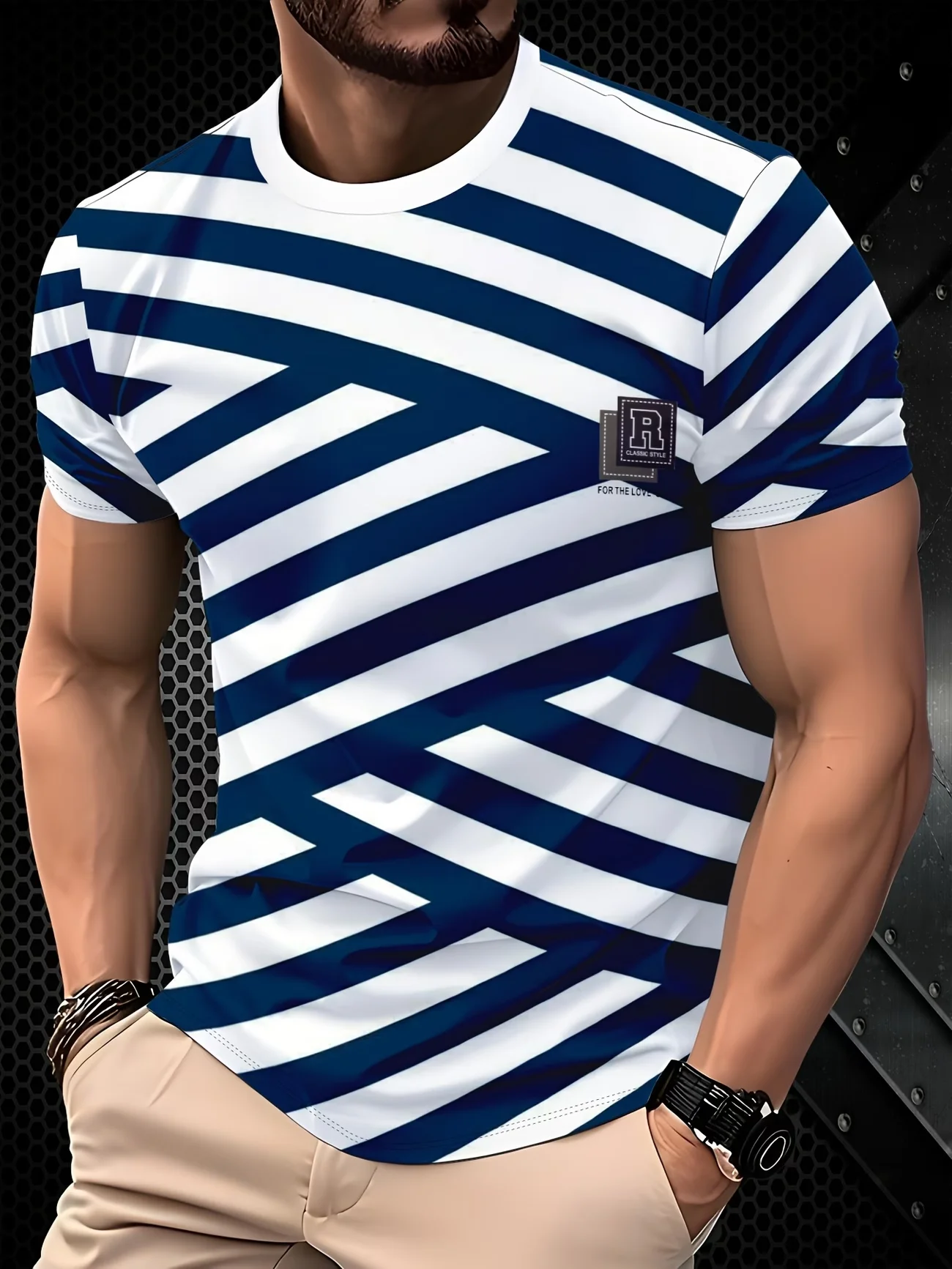 Camiseta de Verano para Hombre con Bloques de Color y Rayas, Diseño de Parches en Negro, Verde y Blanco con Rayas Verticales y Logotipo Minimalista, Estilo Urbano