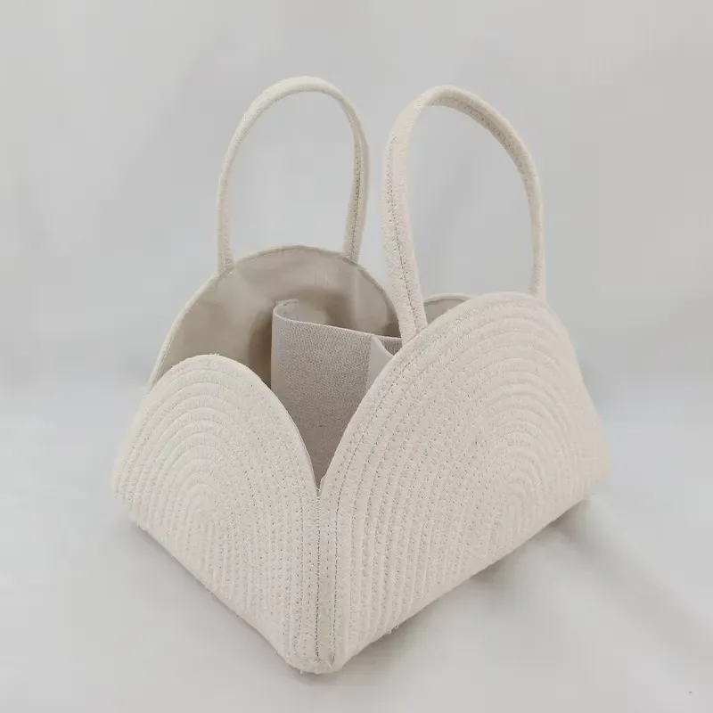 Cotton Rope Woven Diaper Basket with Partition Handbag for Women Pregnant Baby Storage Organizer Portable Nursery Tote Bag
