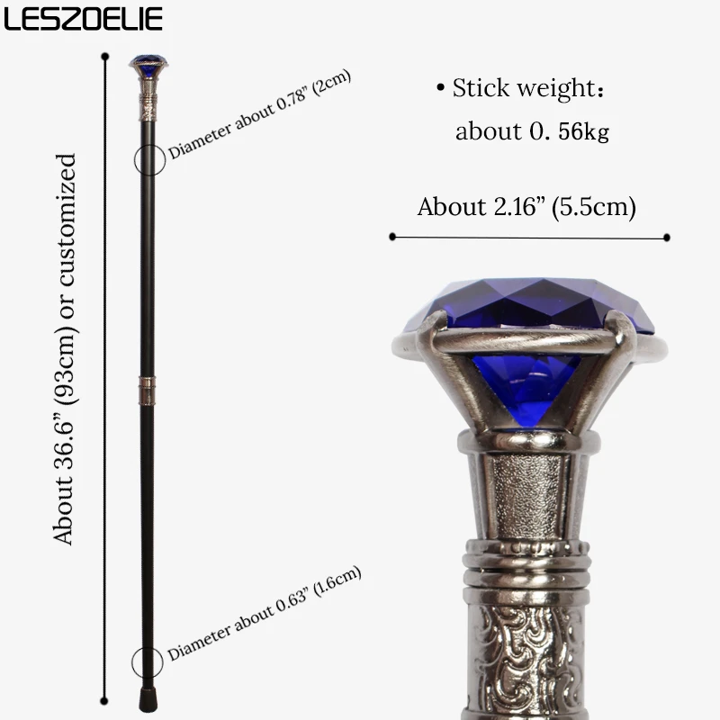 Tongkat Jalan Mewah Berlian Biru Royal dengan Gagang Perak, Tongkat Dekoratif Vintage Elegan untuk Pria dan Wanita