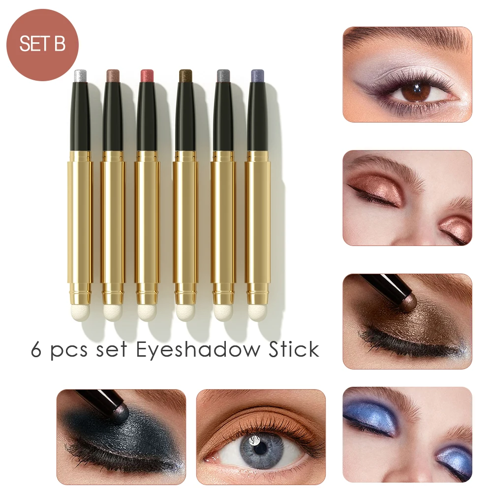 

6Pcs Cream Eye Shadow Stick Makeup Set Waterproof Pencil Gold White Champagne Pink Green Eyeshadow Stick Creamy Crayon Set