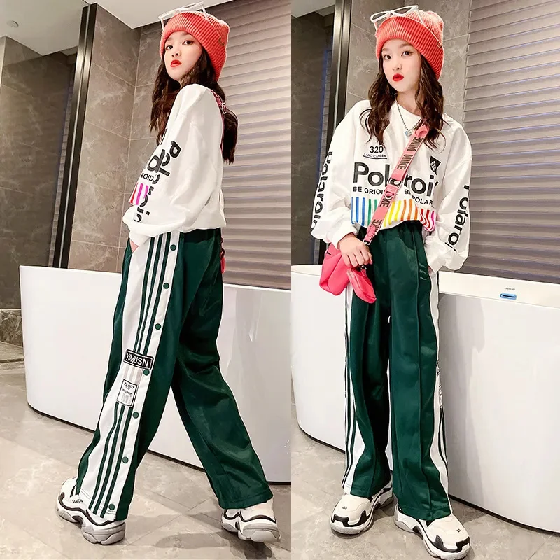 Girls Casual Pants Suit Spring Autumn Fashion New White Letter Print Tops + Green Side Striped Trousers 2pcs Tracksuit Set 4-14Y