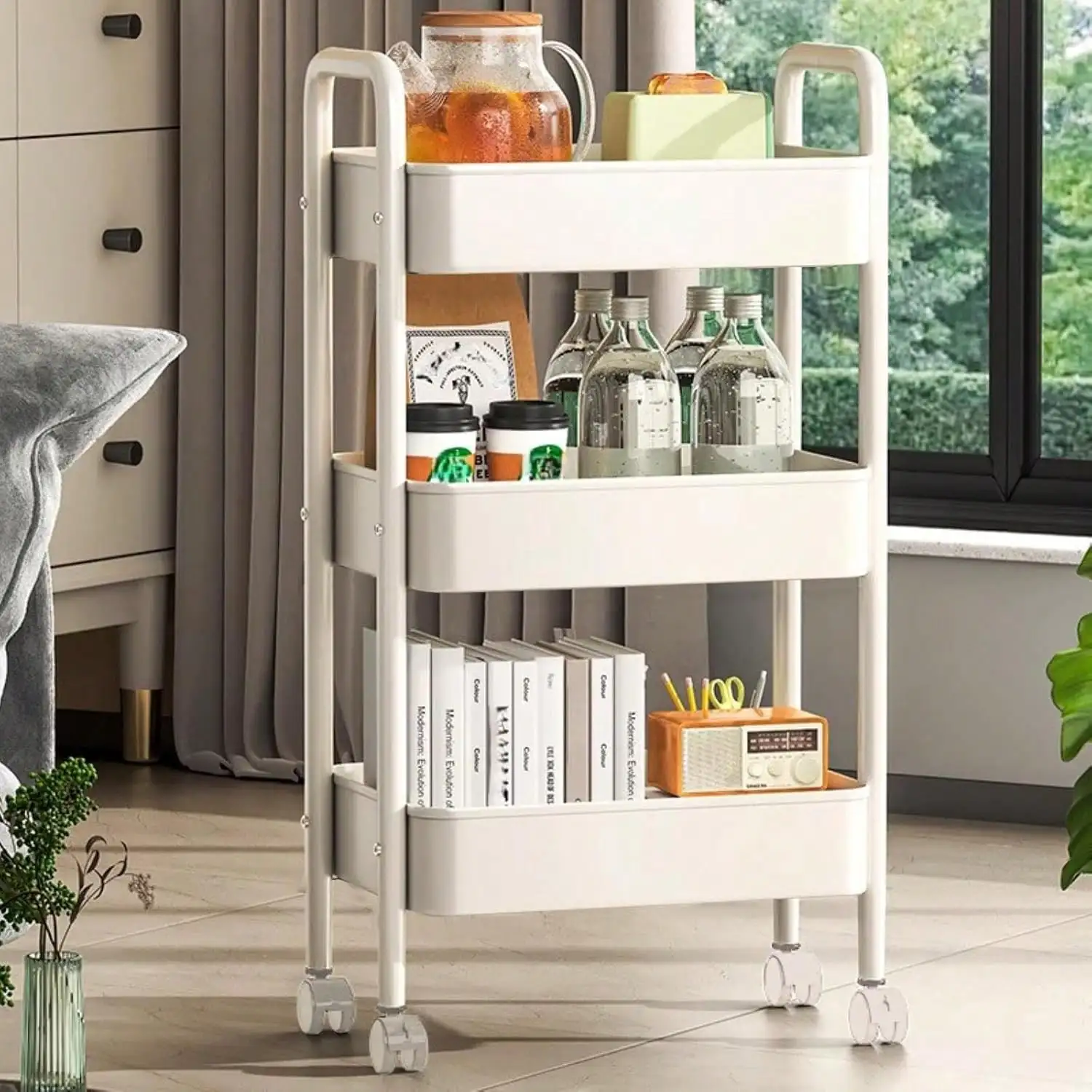 

3-Tier Rolling Utility Storage Cart With Lockable Wheels, Space Saving Mobile Storage Organizer For Kitchen, Bathroom, Office, Workshop - White, Durable Structure, Easy To Assemble
