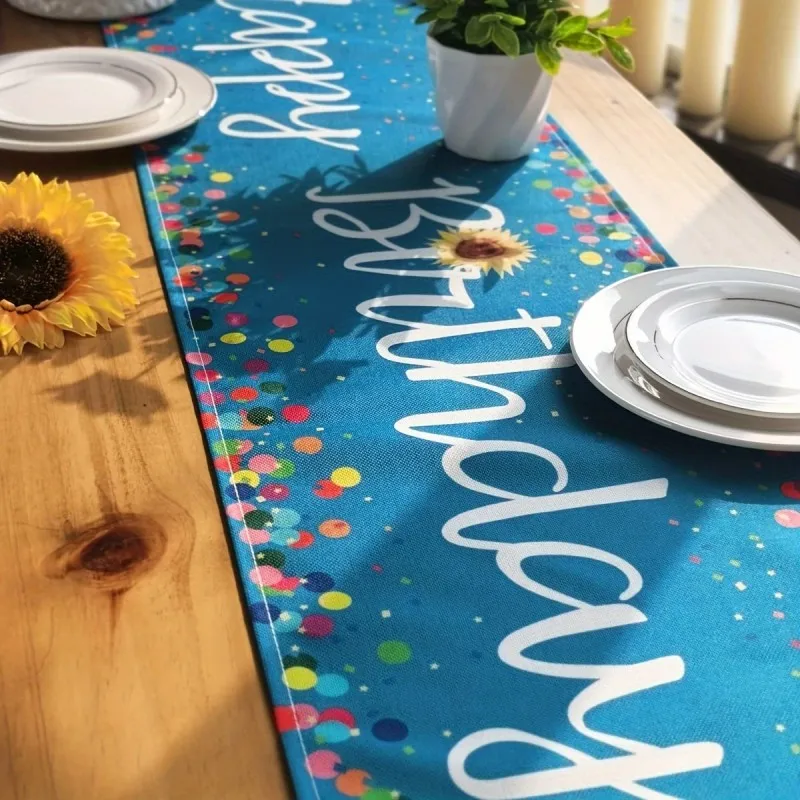 VIKAMA Turquoise Happy Birthday Confetti Table Runner, Colorful Rectangular Dining Table Cover for Birthday Party Decor