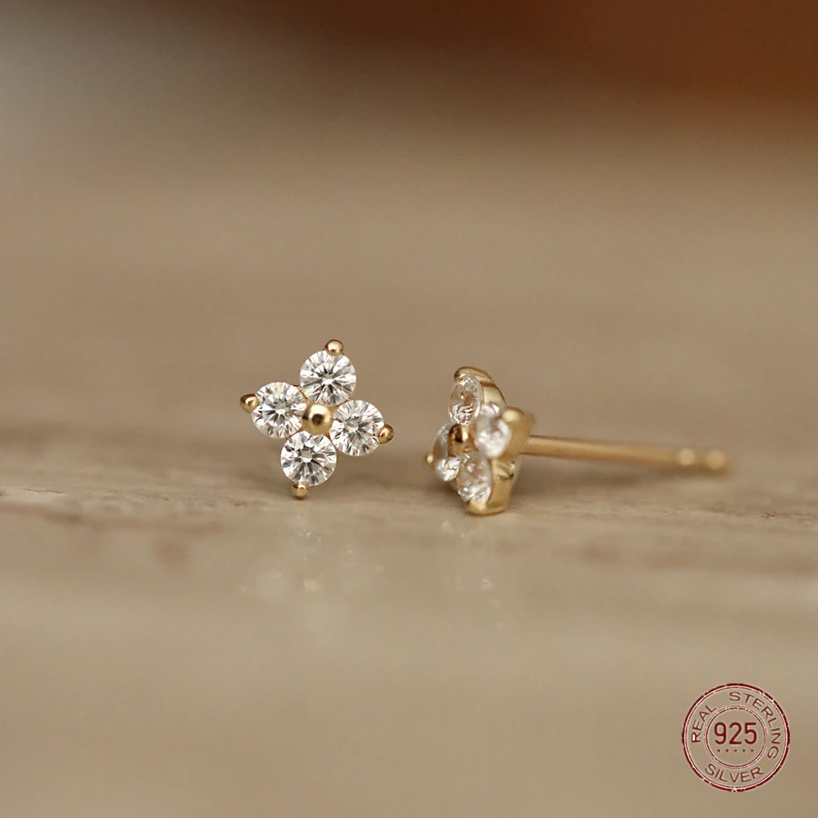 925 Sterling Silver Small Flower Stud Earrings Women Minimalist Sparkling Zircon Design Sense Earring Birthday Piercing Jewelry