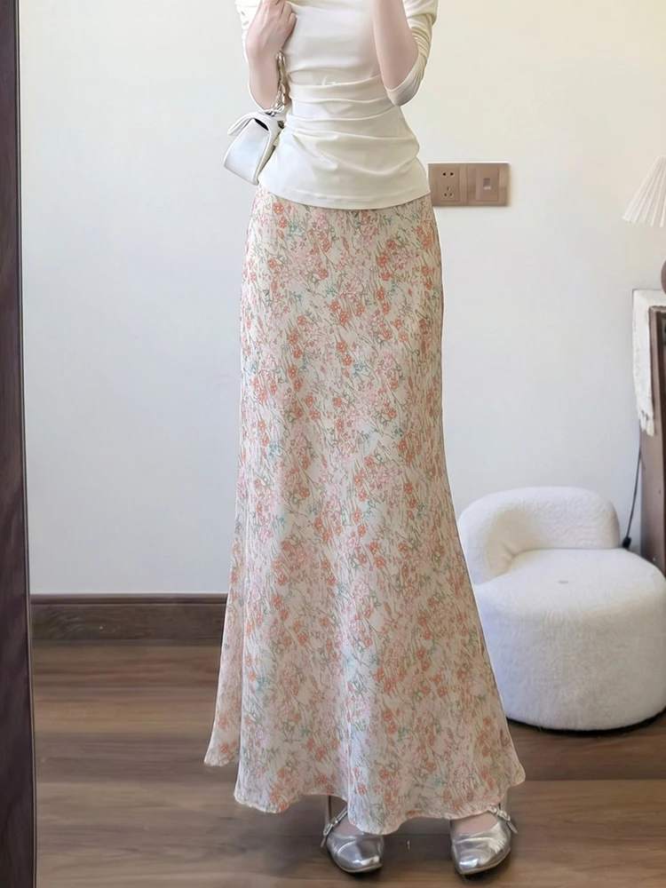 Women Chic Floral Long Skirt High Waist Fashion Casual Elegant Sweet Skirts Summer Ins Female All Match Cute Soft Mermaid Skirt