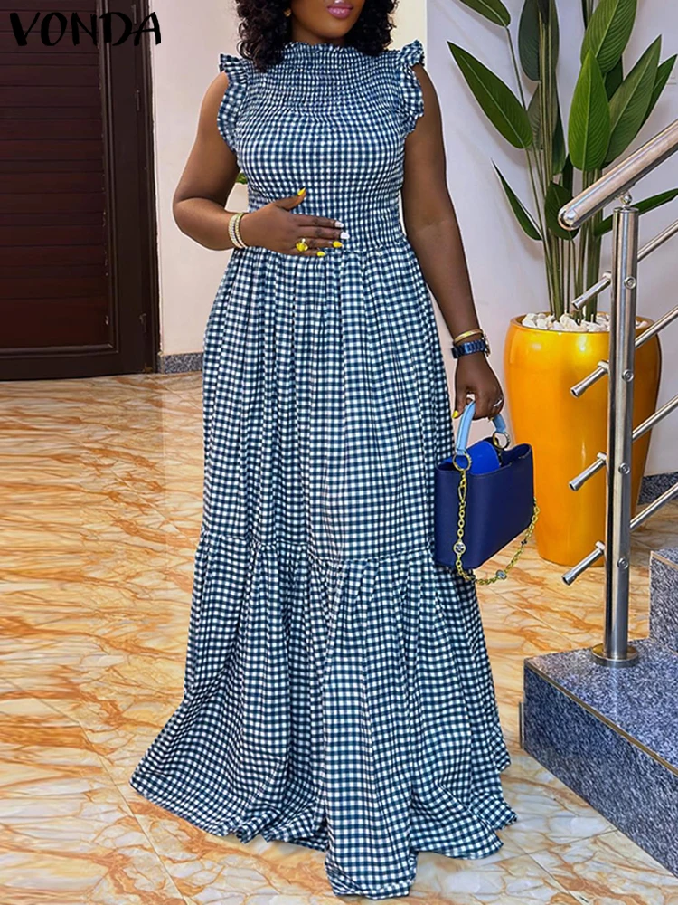 VONDA Letnia Sukienka Maxi w Kratę w Stylu Boho Damska Plisowana Długa Sukienka Letnia Elegancka Seksowna Bez Rękawów na Imprezę Vestido Codzienna Sukienka z Falbankami