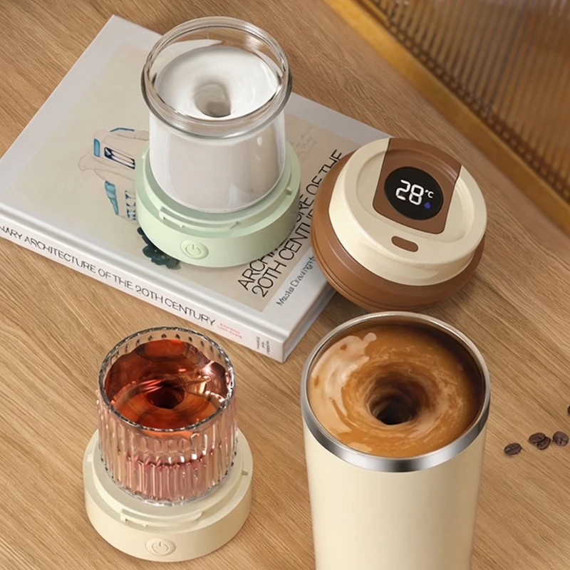 Rechargeable Automatic Stirring Cup with Top-Mounted Temperature Display, Button-Activated Mixing, Removable Base, and D2RD
