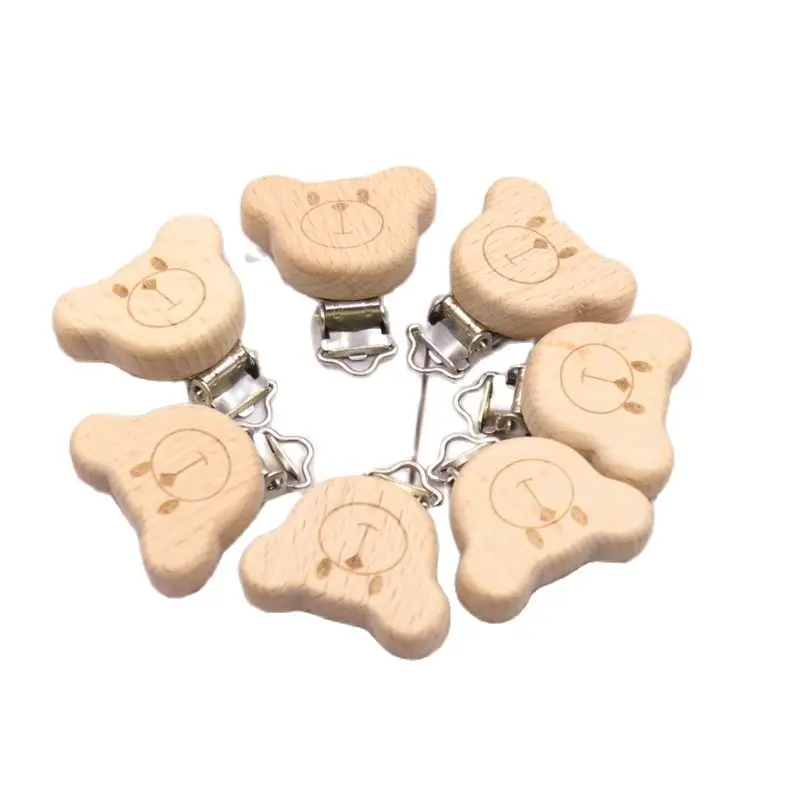 5pcs Natural Wooden Animal Pacifier Metal Clips Baby Accessories Food Grade Holder Heart Pacifier Wooden Baby Teether