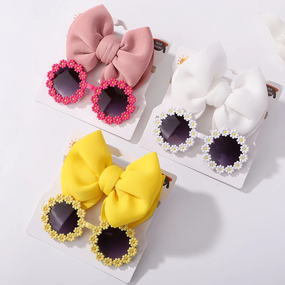 [1 Set] Fashion Big Bow Hair Band Sunglasses Baby Girls UVglasses Elastic Nylon Hairties Seaside Headband Accessories for Kids