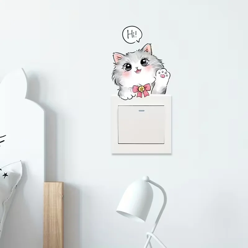 1 cartoon greeting cat pattern self-adhesive decorative sticker waterproof PVC living room bedroom decoration switch sticker