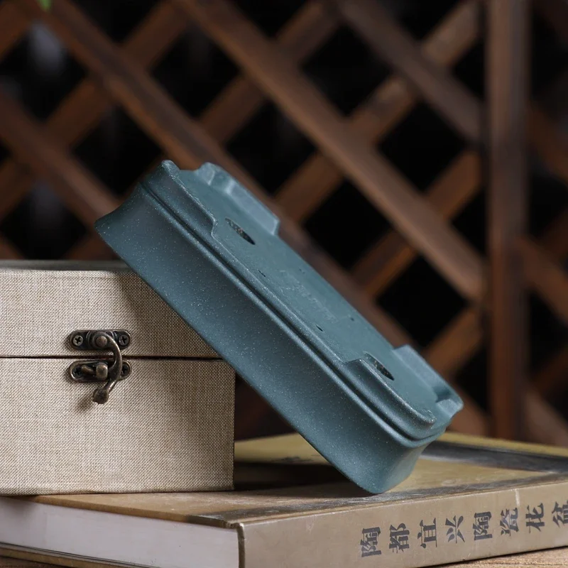 yesGreen Sand Rectangle Bonsai Pot, Chinese Carved Garden Decoration