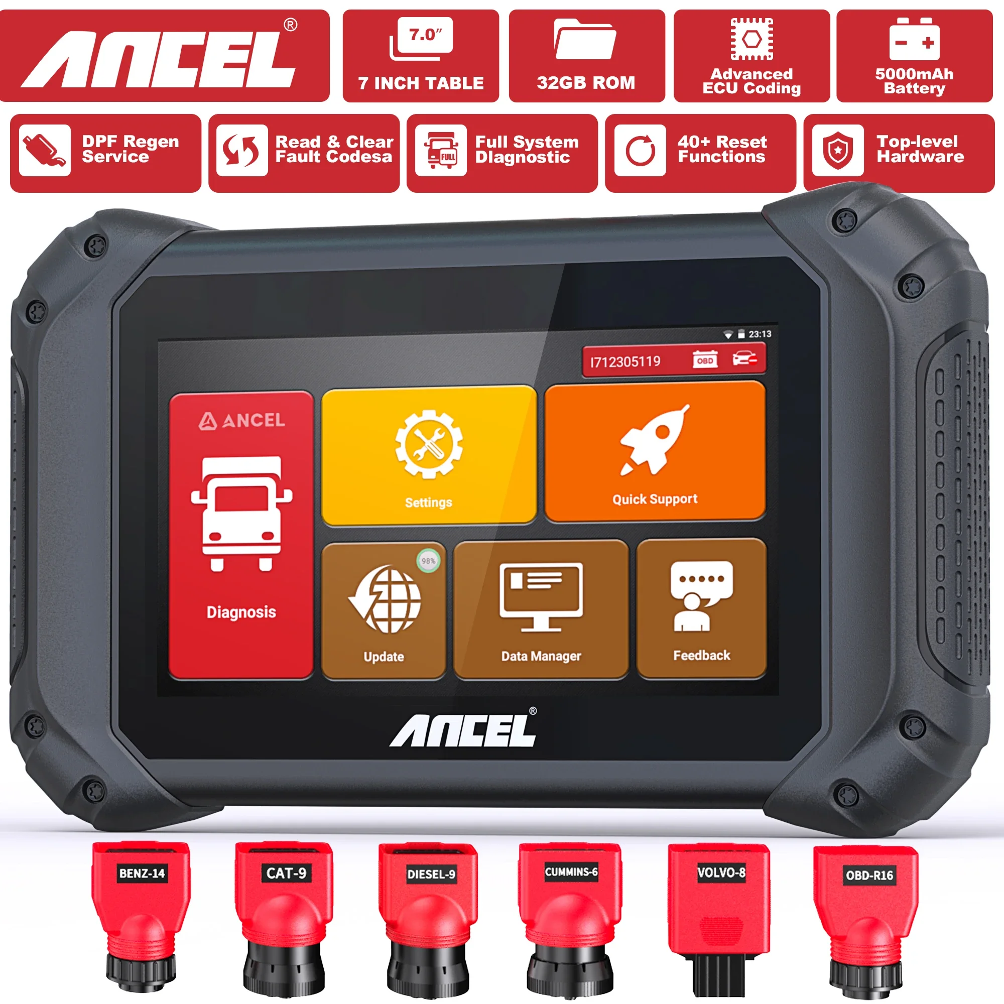 ANCEL V5 HD Commercial Vehicle Heavy Duty Truck Scanner All System ECU Coding Bidirection Diesel for Cummins/Detroit/Caterpillar