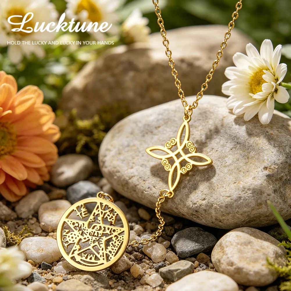 Lucktune Double Amulet Protection Necklace Stainless Steel Witch Knot Pentagram Tetragrammaton Necklace Solomon Amulet Jewelry