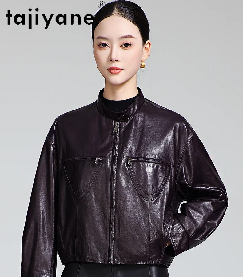 เสื้อแจ็คเก็ตหนังแกะแท้ 100% ยี่ห้อ TAJIYANE สำหรับผู้หญิง สีม่วงเก๋ไก๋ ทรงสั้น แจ็คเก็ตหนังแท้ คอลเลคชั่นฤดูใบไม้ร่วง 2025 เสื้อผ้าผู้หญิง
