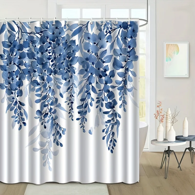 1pc a 2D Flat Printed Shower Curtain That Comes with a Hook And Showcases a Blue Branch Design, Offering a Touch of Luxury, Mach