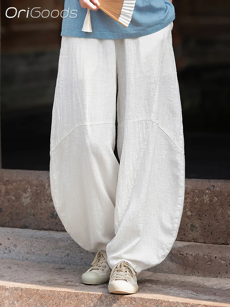 OriGoods Ramie Pants Women Loose New Chinese style Vintage Harem Pants Meditation Japanese Zen Style Woman Pants 2024 C046