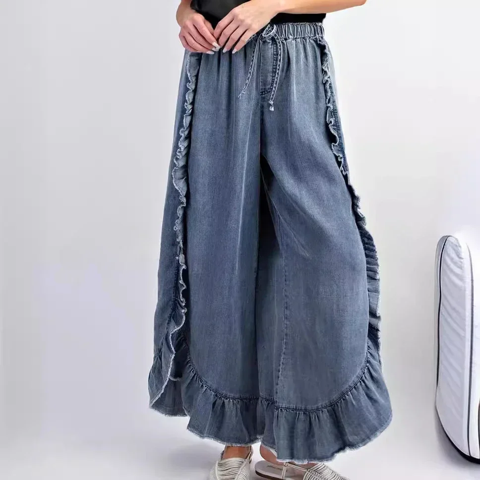 Jeans Women Denim Flare Pants Mid Waist Drawstring Lace Up Lotus Ruffled Trousers Vintage Washed Distressed  Streetwear