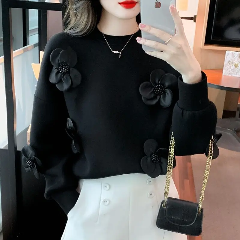 Temperament loose o neck three-dimensional flower sweatshirt women autumn and winter new loose and slimming pullover sweatshirt