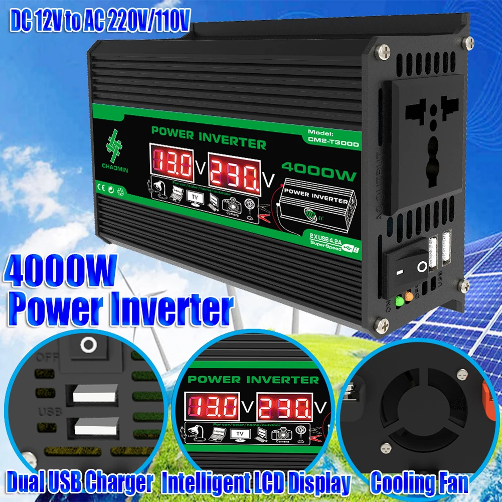 4000W Digital Power Inverter Dual USB 12V To 220V/110V Intelligent Power Inverter LCD Display LED Voltage Display for RV Caravan