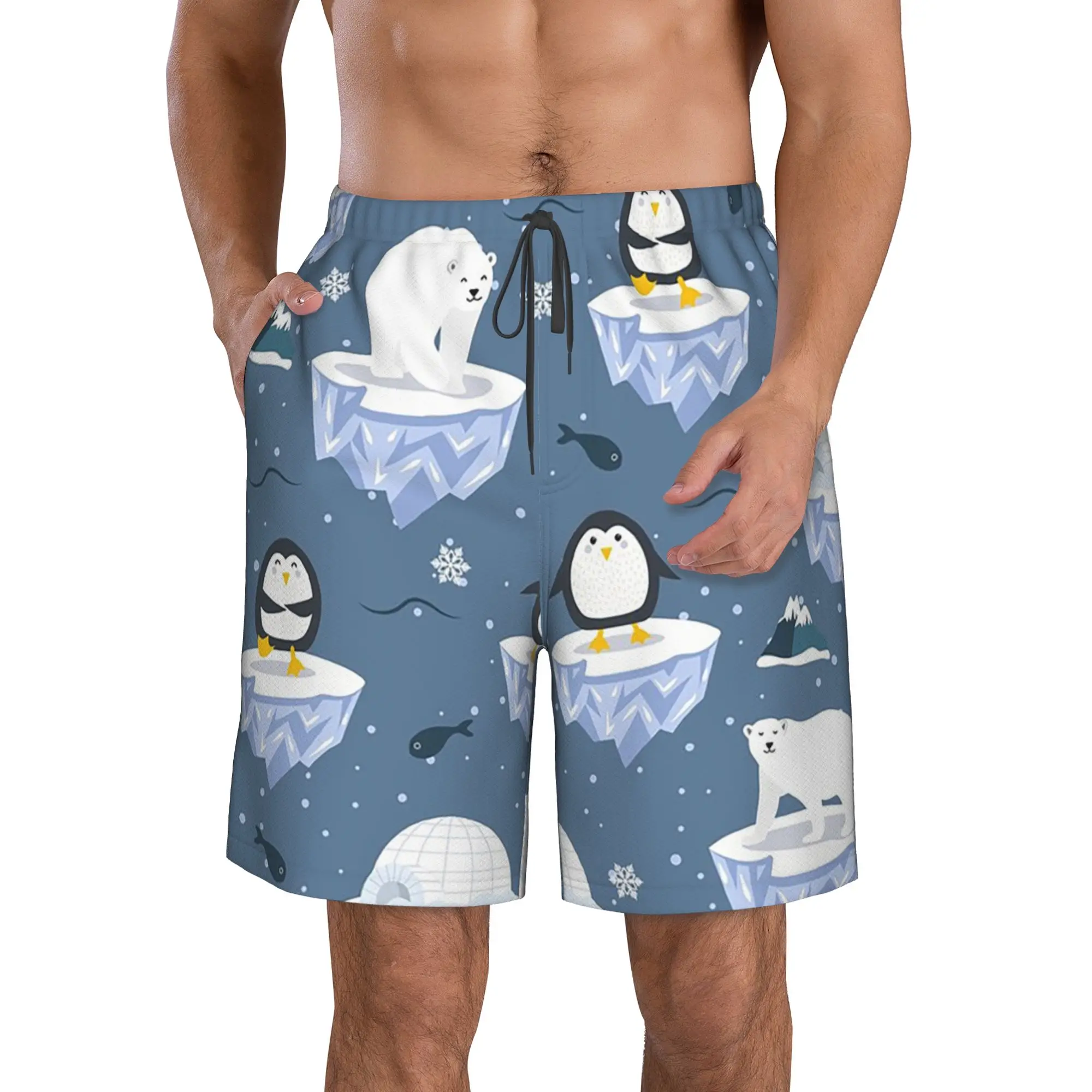 Polar Penguin Ice Surface Penguin Pattern Trunks Beach Board Shorts Casual Quick Dry Swimming Summer Men Pants