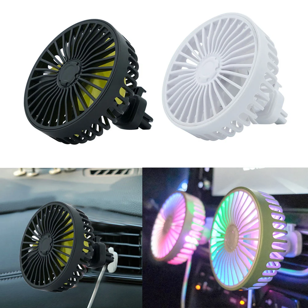 USB Car Fan with Colorful Light Air Outlet Cooling Fan 360° Rotated 3 Speed with Aromatherapy Slot