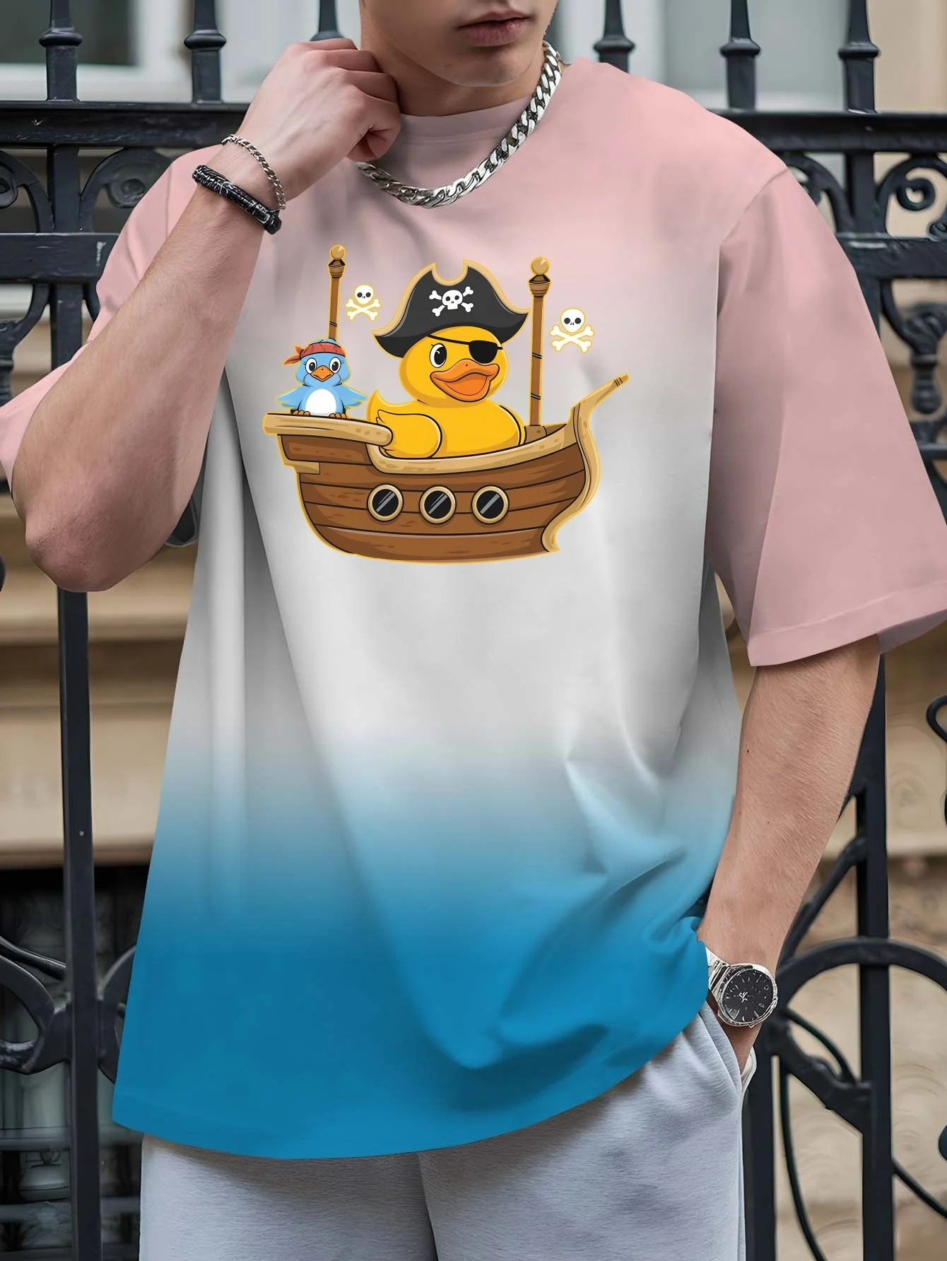Trendy Cartoon Duck Print Short-sleeve T-shirt Casual Comfortable Men's Crew Neck Top