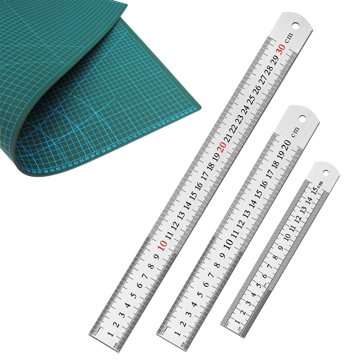 15/20/30cm Stainless Steel Ruler + Cutting Mat – Multi-Standard Woodworking Tool (Durable, Portable, Corrosion-Resistant)