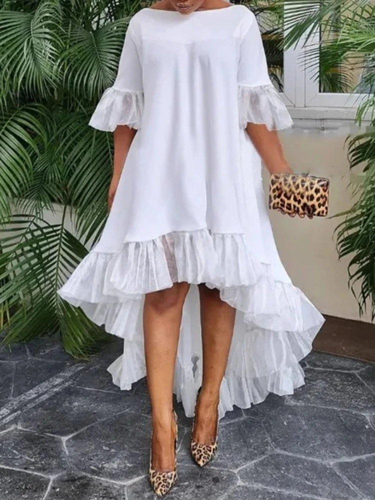 Holiday Party Dress with Ruffle Edge Sleeves Irregular Lace Splicing Hem Dresses Plus Size Robe Casual Women's Vacation Dress