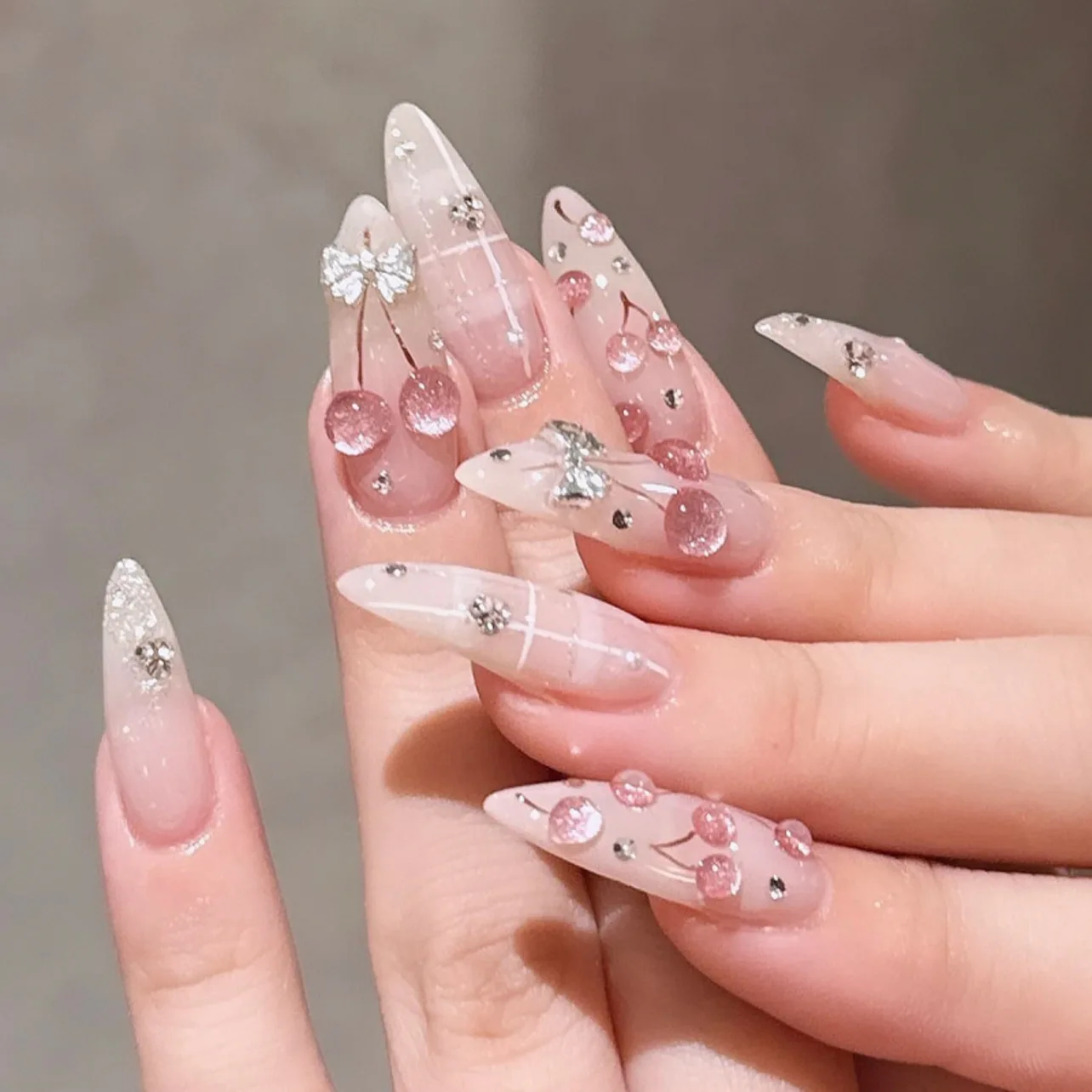 

24pcs Simple Cherry Bow Design Fake Nails Tips Glitter Rhinestone Long Almond False Nail Art Finished Sweet Press on Nails Sets