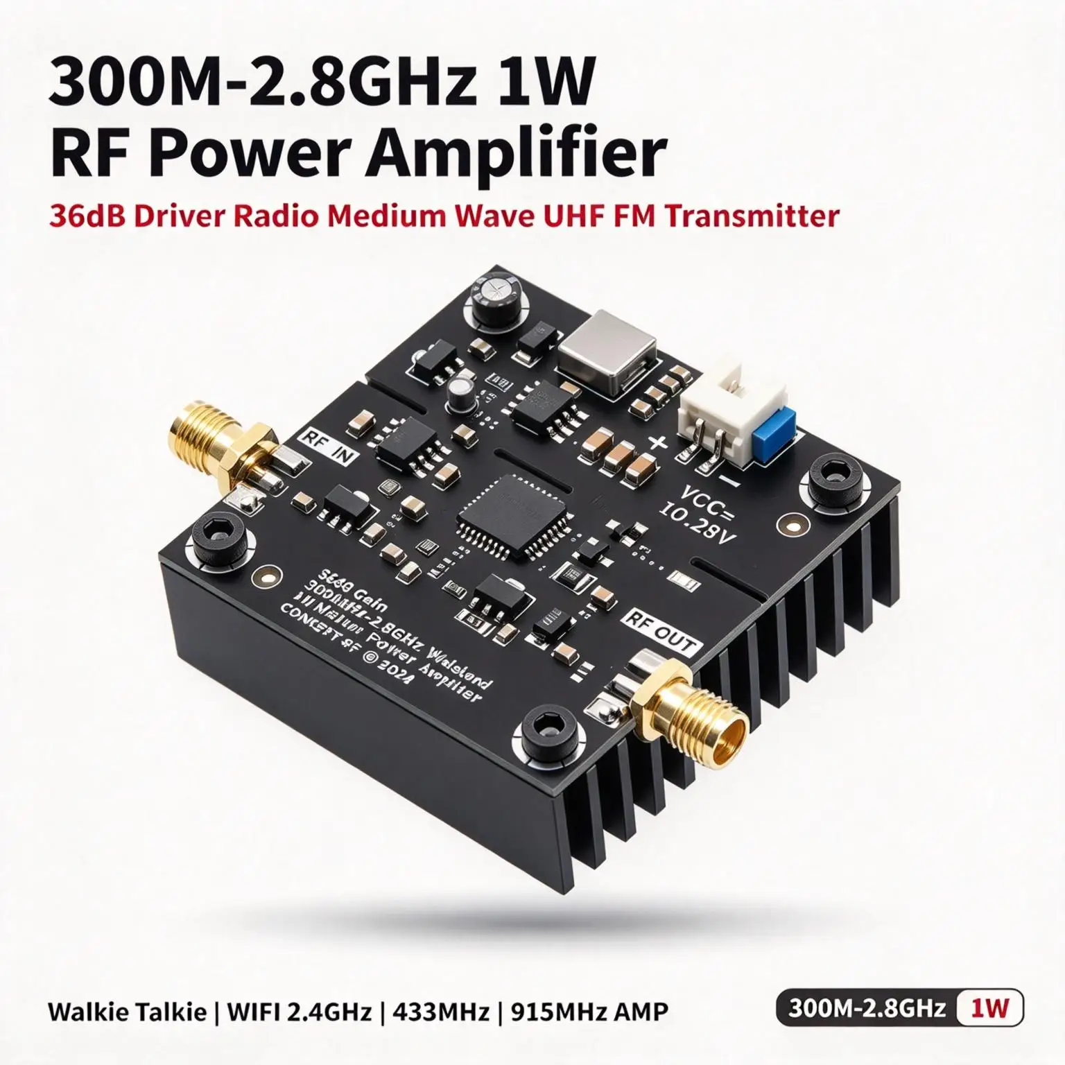 DYKB RF Power Amp 300M-2.8G 1W 36dB Driver Radio Medium Wave UHF FM Transmitter Walkie Talkie WIFI 2.4Ghz 433Mhz 915Mhz AMP