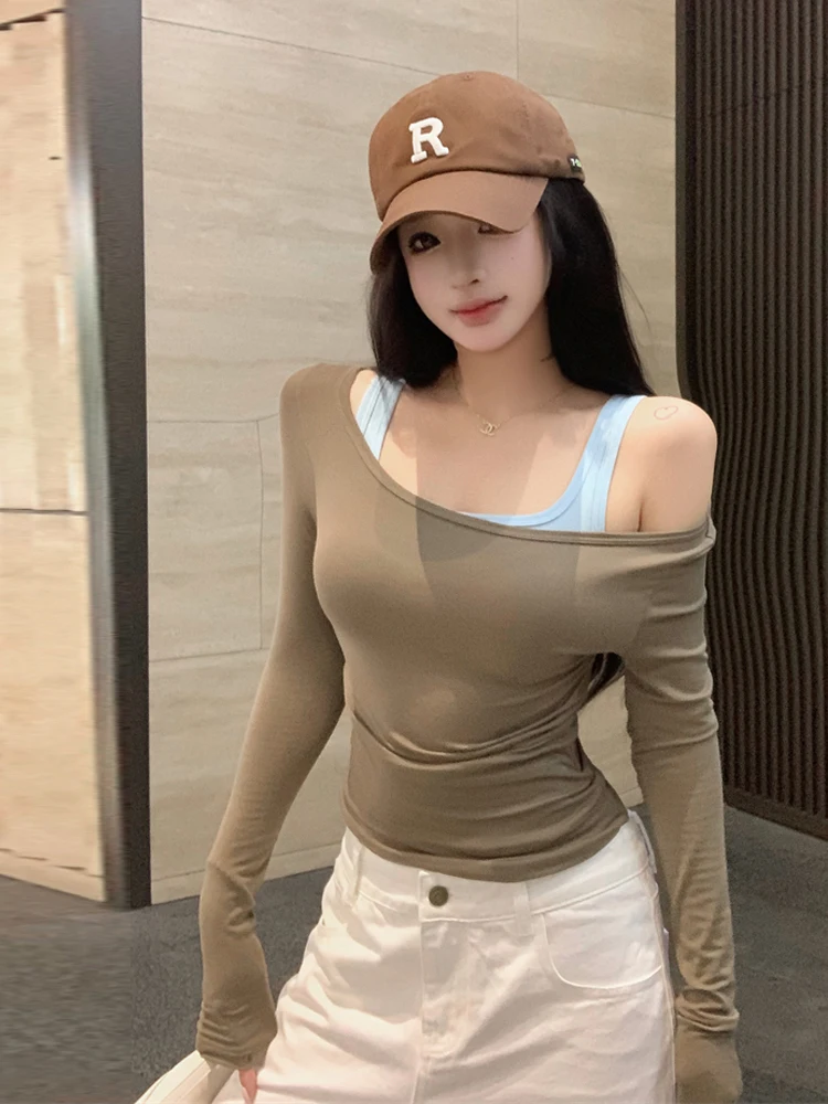 Slim Fit Long Sleeve T-Shirt with Mesh Panel Design Elegant Sexy Style Base Layer Top for Young Women Daily Wear Pure Color