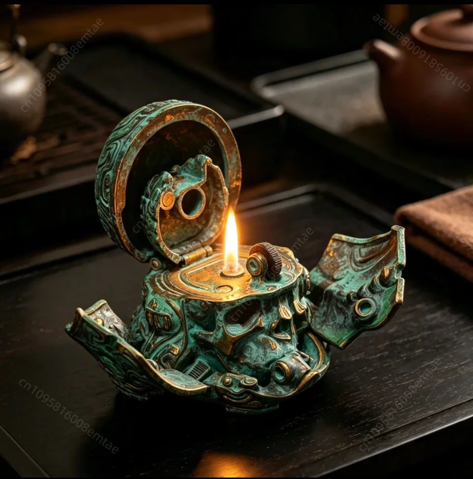 New bronze green rust relief armor with open top fuel lighter, desktop ornament collection, cigarette accessories, men's gift