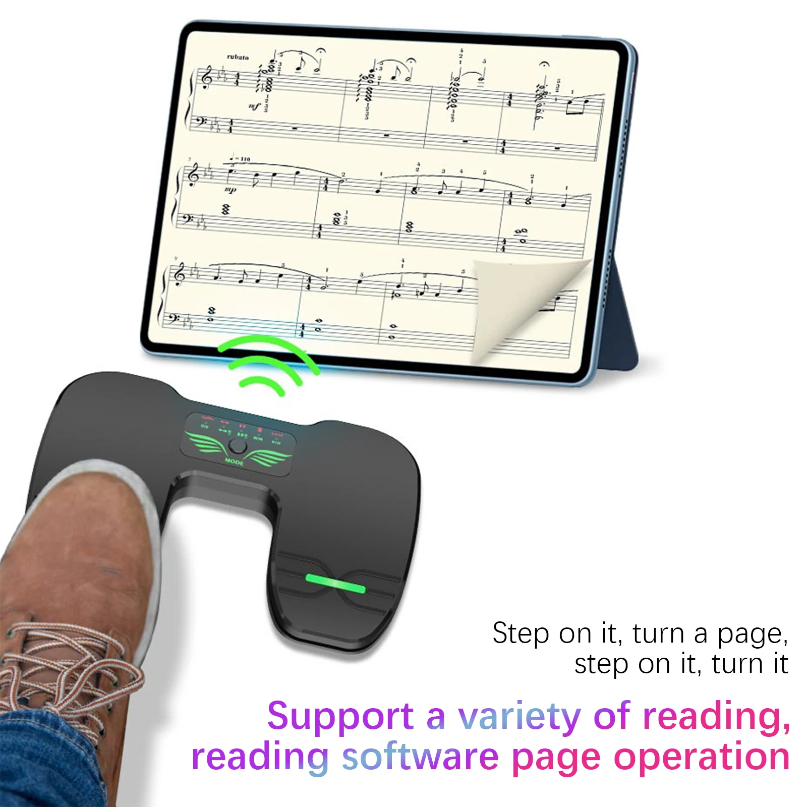 Wireless Page Turner Pedal BT 5.1 10 Working Modes Type-C Interface 17*11*2.6cm 205g for Tablets Smartphones Multimedia Remote