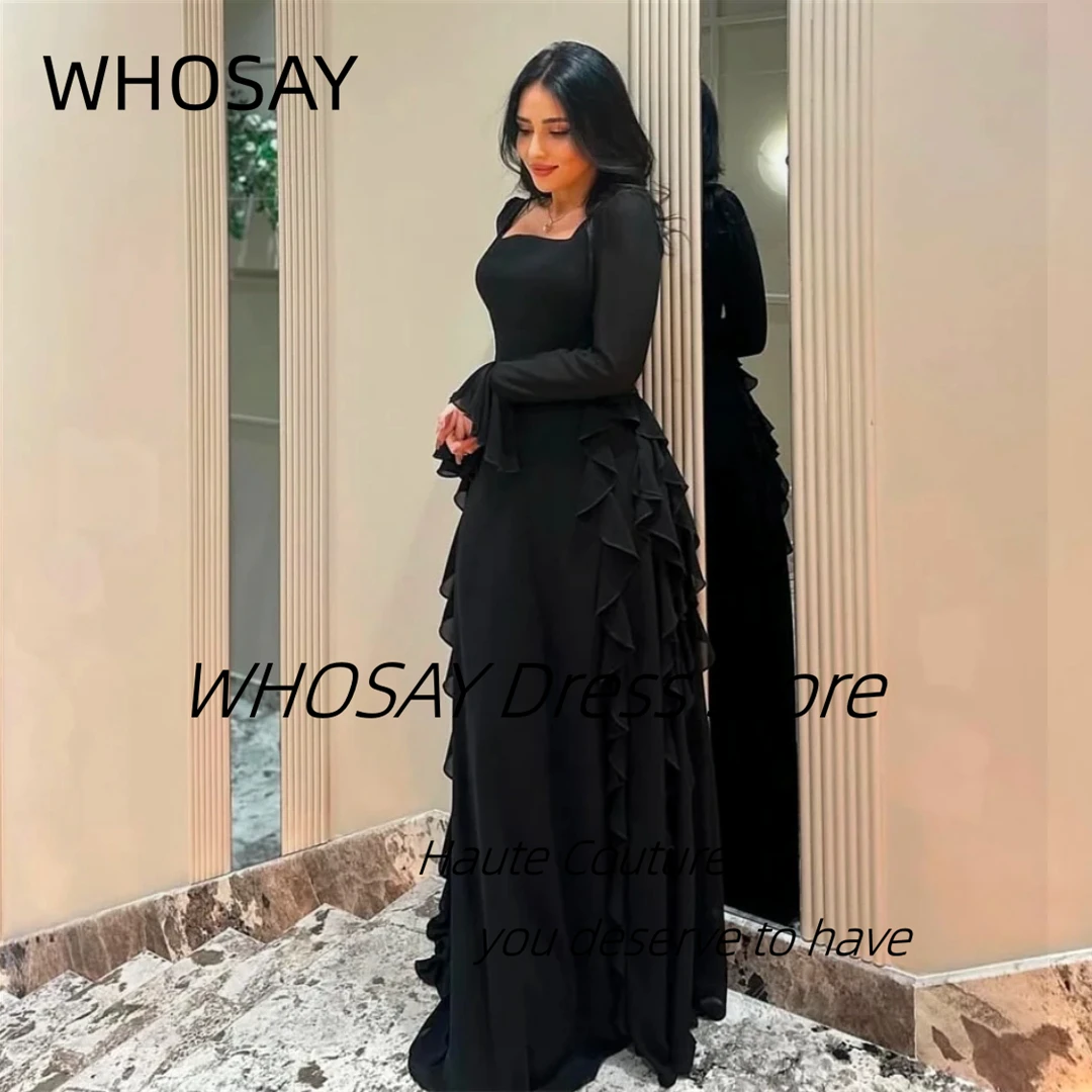 

WHOSAY Black Prom Dresses 2025 Square Neck Long Sleeves Evening Dress Ruffles Floor Length Bespoke Party Bridal Gowns Customized