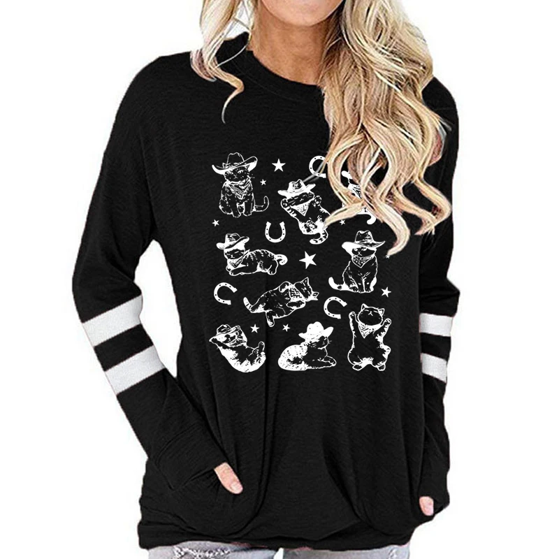 Funny Animal Cats Print Women Long Sleeve T-shirts Cute Cat Gifts Vintage Cowboy Cats and Kittens Western Graphic T Shirts Women