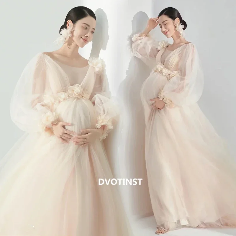 Women Photography Props Champange Mesh V-neck Floral Elegant Maternity Dresses Perspective Pregnancy Dress for Studio Shooting