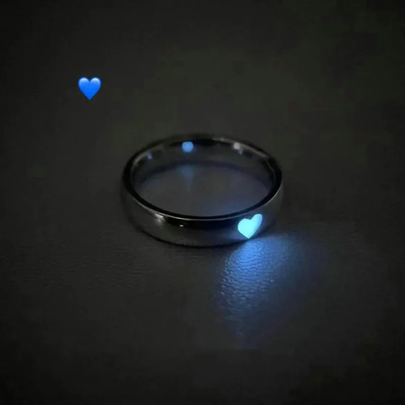 Fashion Pink Love Heart Luminous Couple Ring For Women Men Retro Glow In Dark Silver Color Adjustable Finger Rings Jewelry Gift