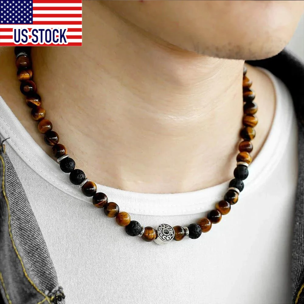 

18inch Natural Tiger Eyes Stone Lava Bead Choker Necklace for Men Women Stainless Steel Beaded Charm Extension Link DNM22A