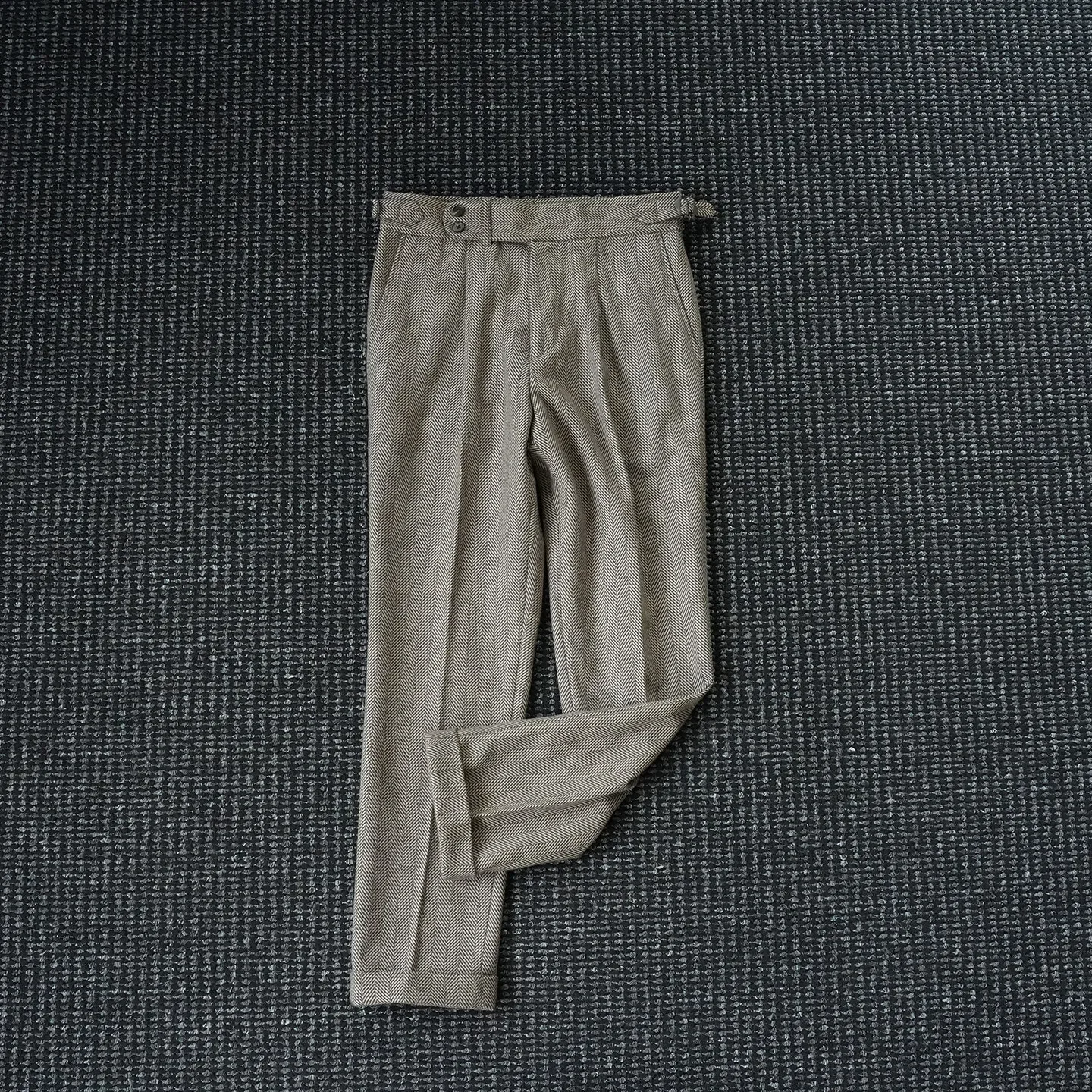 Autumn and winter high-end herringbone pattern wool small straight pants men's Paris buckle gentleman old money pants