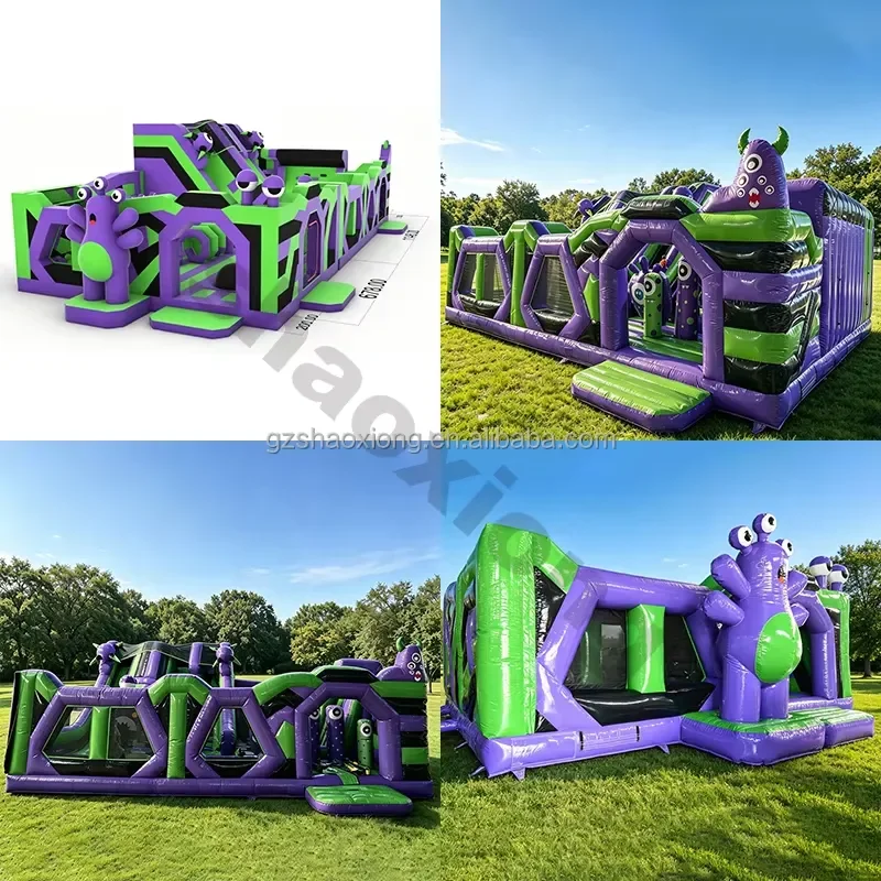 Commercial Inflatable Amusement Obstacle Climbing Slides Park Combo Kids Inflatable Cartoon Alien Monster Playground Theme