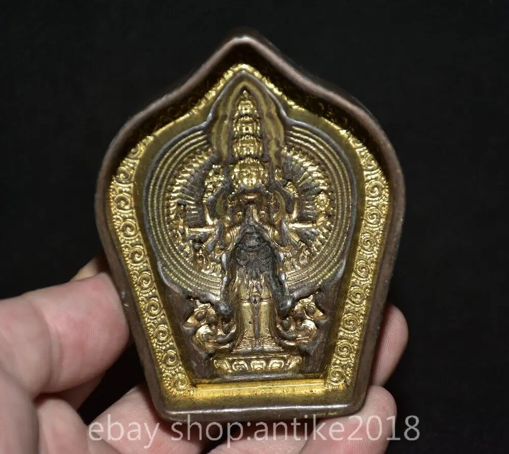 

3.6 inch Old Xizang Copper Gold Plated Buddhist 1000 Arm Avalokiteshvara Muse Statue Sculpture gilded Brass