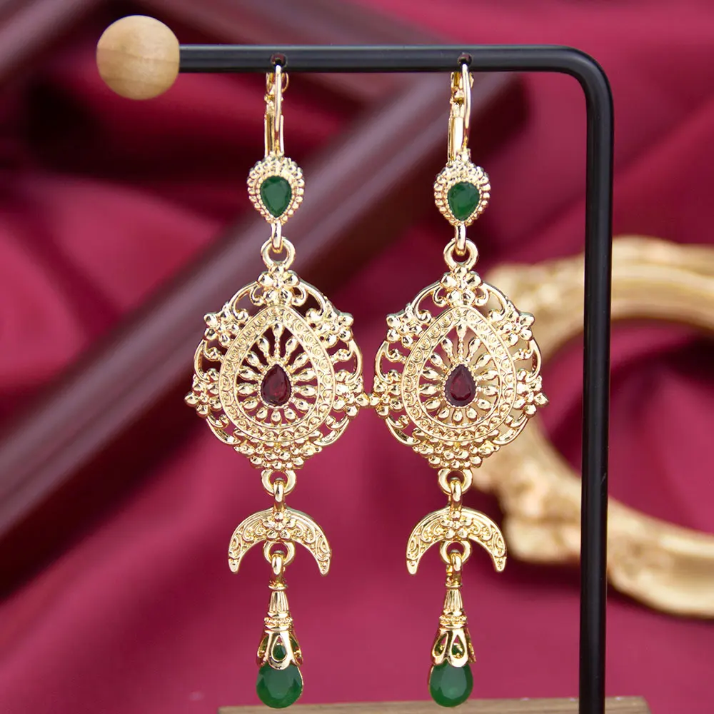 Sunspicems Chic Morocco Long Drop Earring For Women Gold Color Moon Crystal Earring Arabian Bridal Wedding Bijoux Marocain Jewel