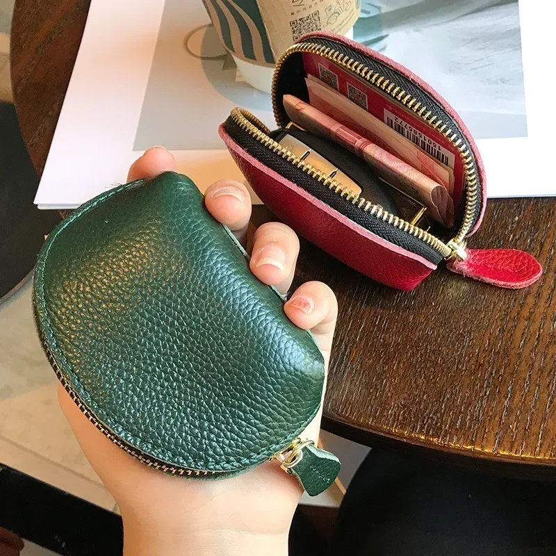 Monedero de concha de estilo a la moda, Mini monedero de cambio, bolsa de almacenamiento de monedas y llaves de cuero genuino, cartera pequeña con cremallera para mujer, Mini monedero