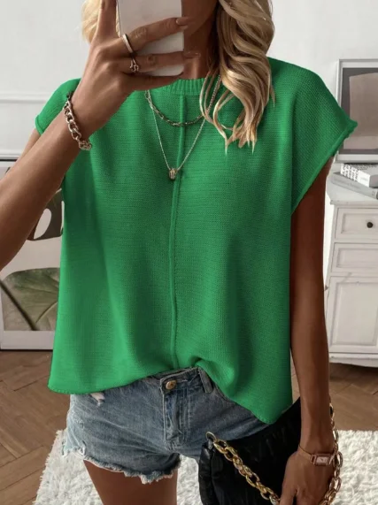 

Женский однотонный повседневный вязаный свитер с коротким рукавом и круглым вырезом, летний модный вязаный топ, незаменимая вещь для повседневной носки