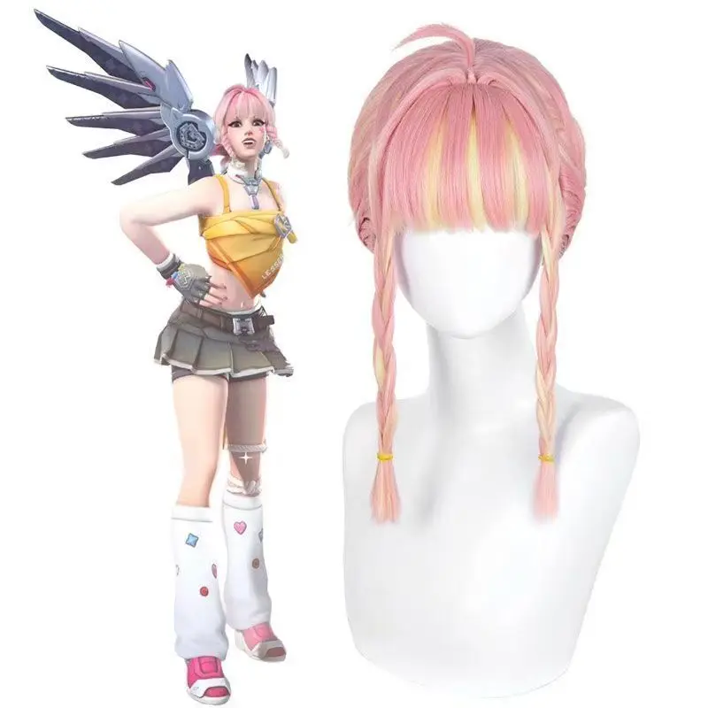 Mercy Yes! Mercy Cosplay Wig Pink Mixed Yellow Braided Updo Heat‑Resistant Synthetic Wig for Halloween Party Comic Con Role Play